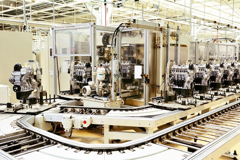 production line for manufacturing of the engines in the car factory