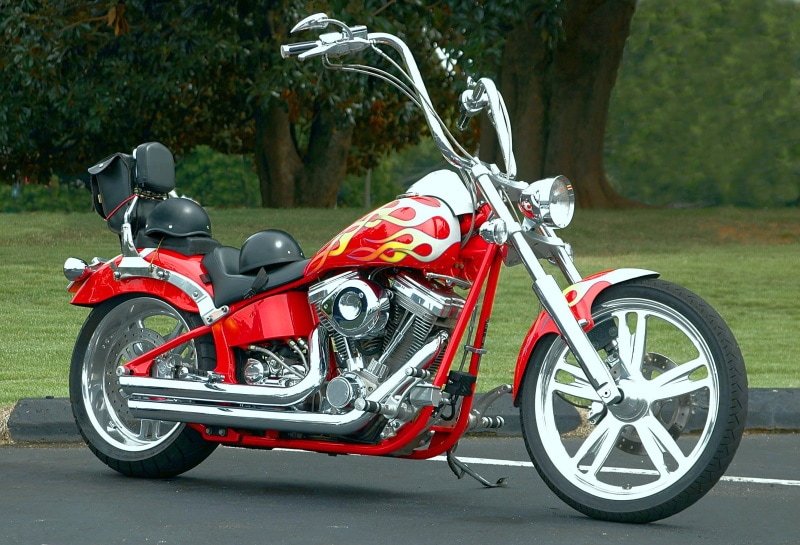 Fiery red motorcycle with Beach handlebars