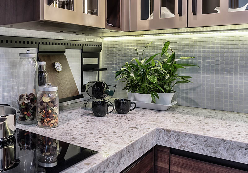 Marble countertop and apron from ceramic mosaic tiles