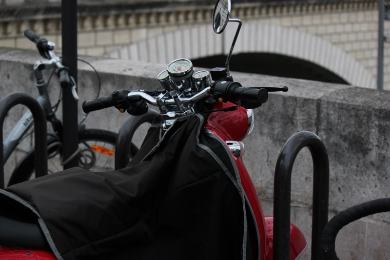 Red motorcycle with moustache handlebars