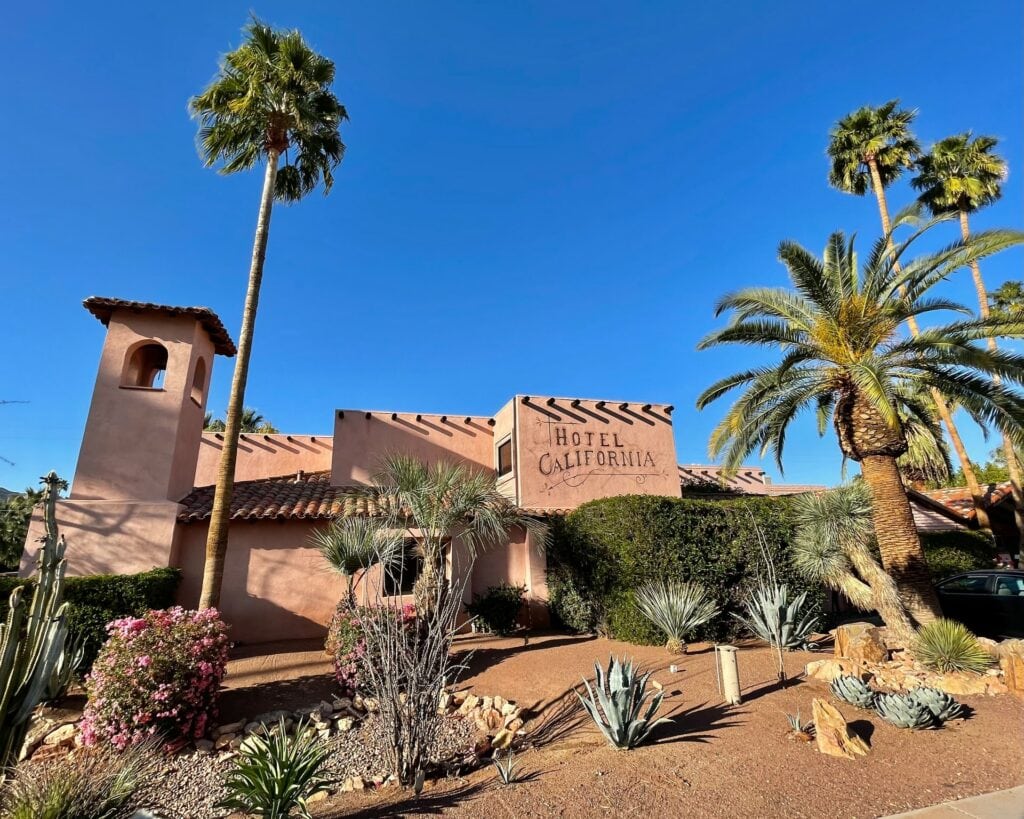 brown building with palm trees
