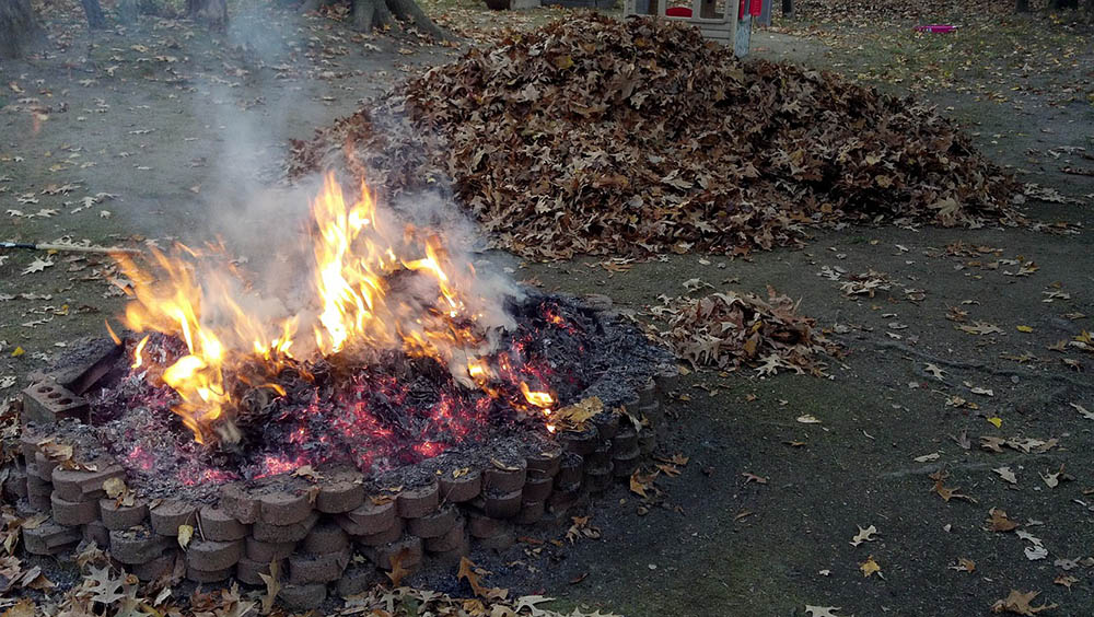 burning leaves on a fire pit