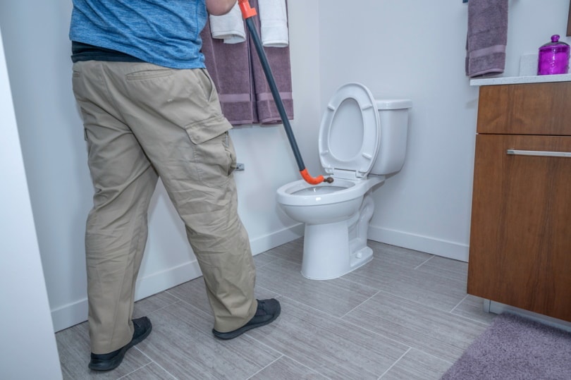 man snaking a toilet