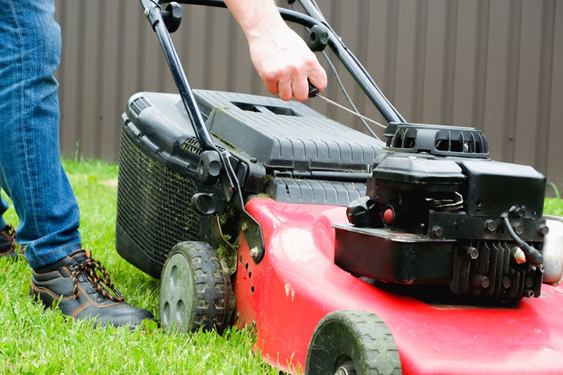 man starts a gasoline lawn mower with his hand
