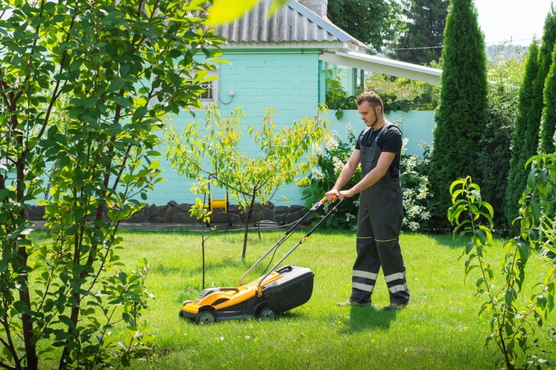 man using lawn mower