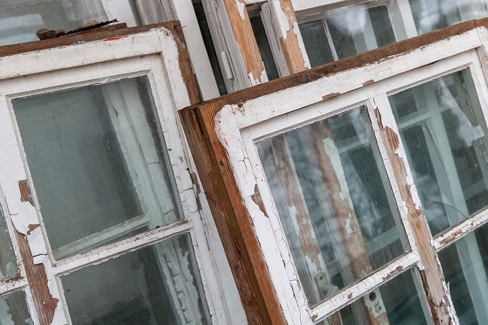 Old wooden windows on a construction site