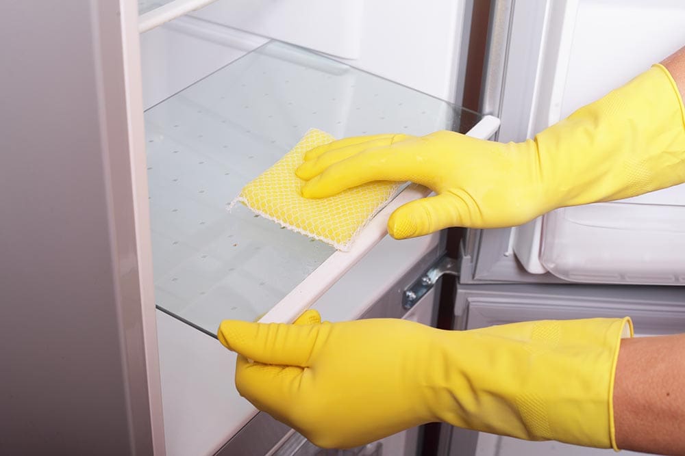 close up person cleaning fridge glass shelf