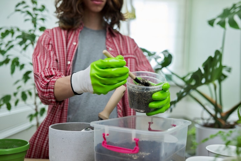 gardener mixing soil