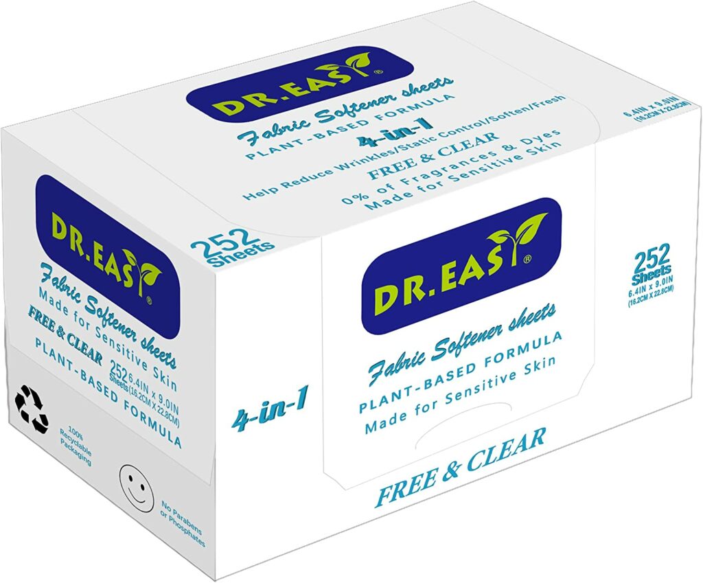 Dr. Easy Dryer Sheets Free & Clear Plant-Based Formula for Sensitive Skin, 252 Count