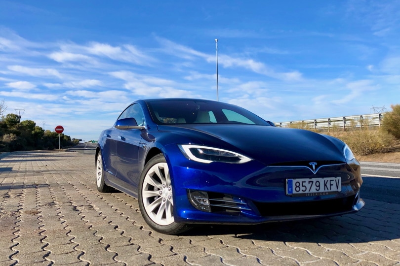 blue tesla car
