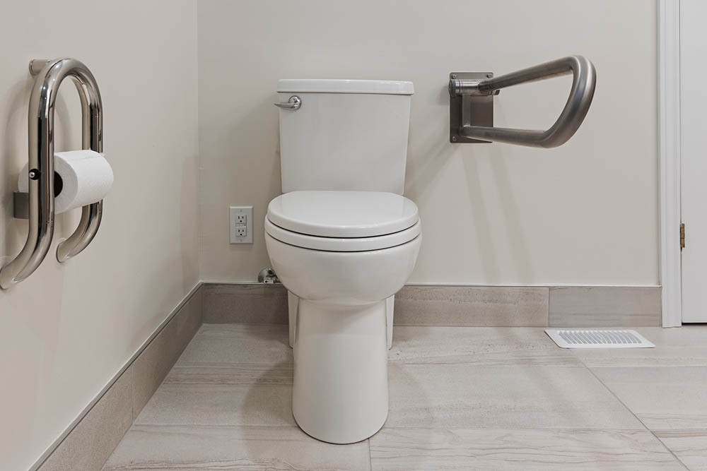 elongated toilet with wall handle bar