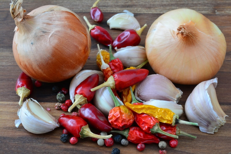 onion, garlic, and pepper