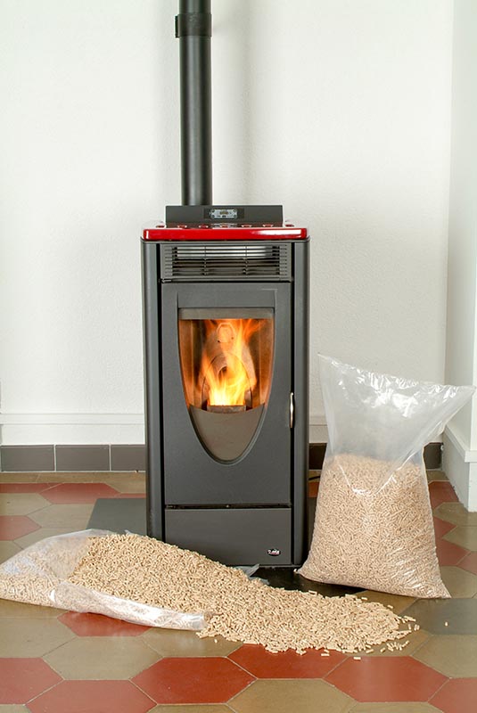 pellet stove with burning flame