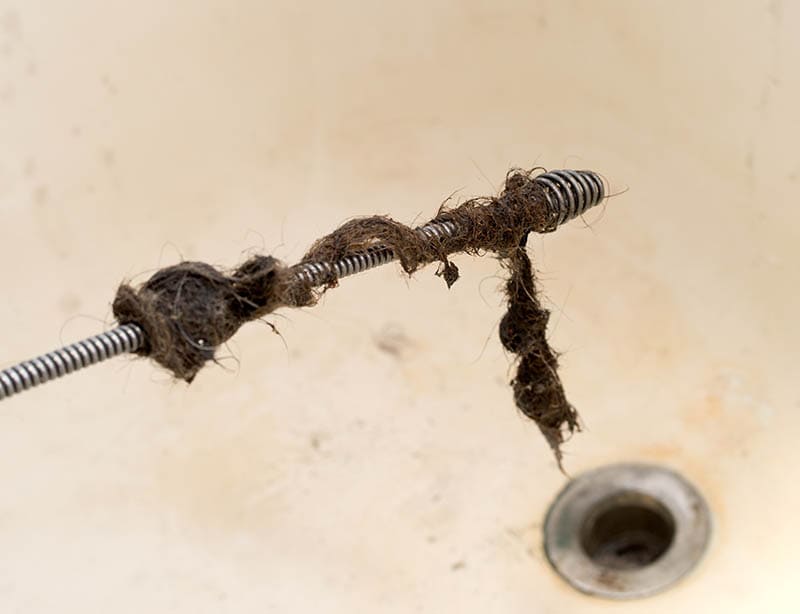 Drain auger removing disgusting hair clog from dirty bathtub plumbing