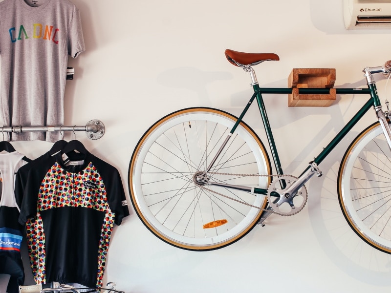 Wall bike rack in storage room