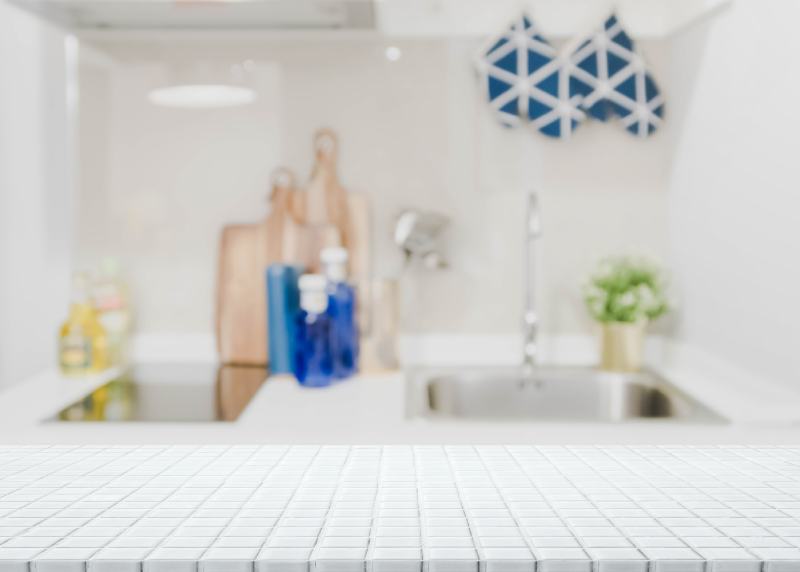White ceramic mosaic tile countertop kitchen interior