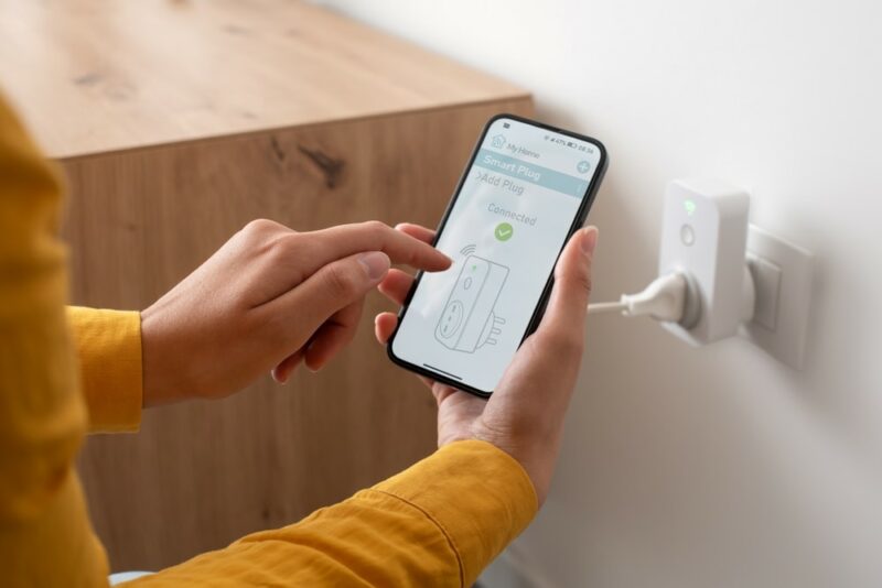 Woman setting a smart plug at home using her smartphone
