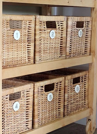 diy baskets or plastic boxes with labels
