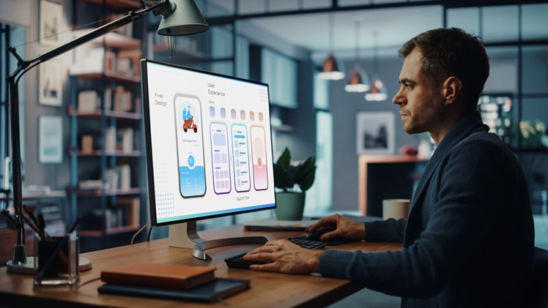 man using desk top computer