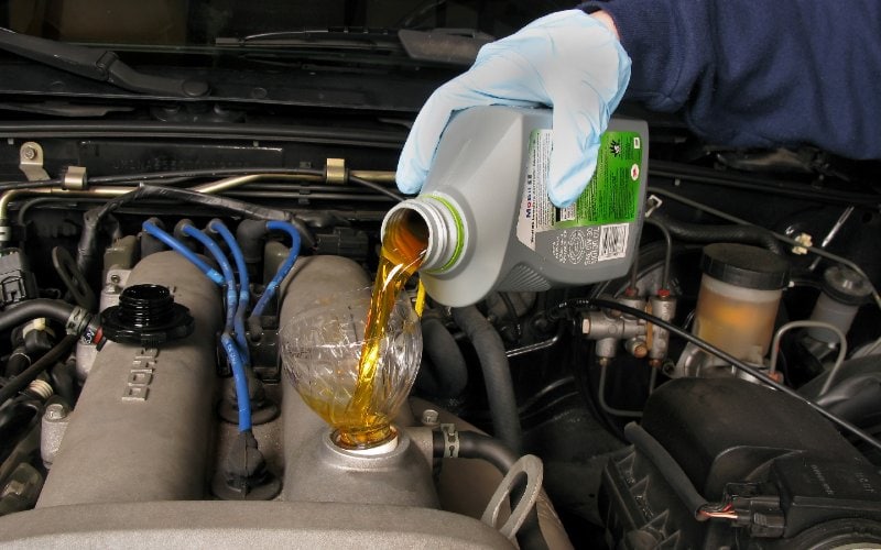 person pouring fluid into car engine