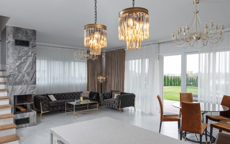stylish living room with high ceiling