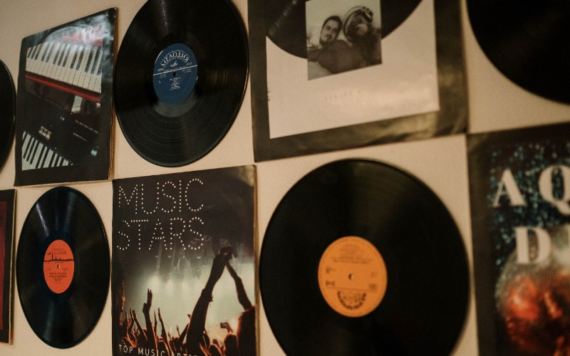 vinyl records hanging on the wall