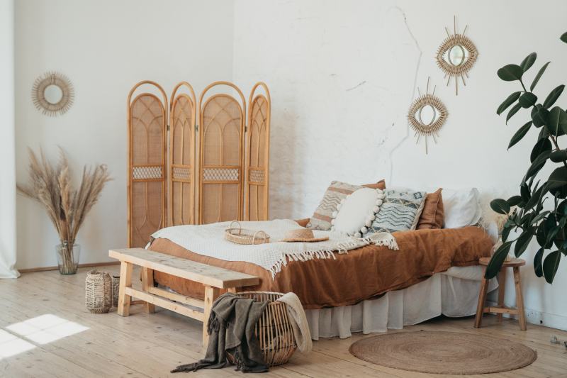 Bedroom interior in Bohemian Boho style