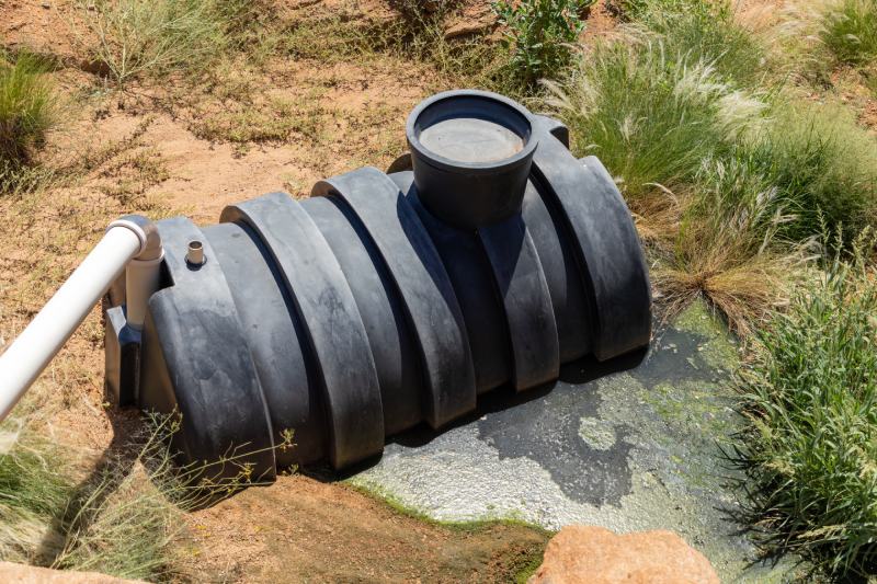 Black plastic septic tank that is partially buried in the ground