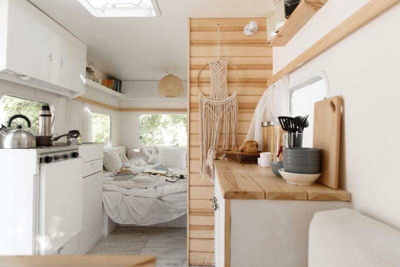 Camping in trailer or rv kitchen and bedroom
