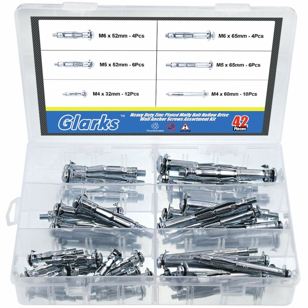 Glarks 42Pcs 6 Size Heavy Duty Zinc Plated Steel Molly Bolt Hollow Drive Wall Anchor Screws Assortment Kit for Drywall