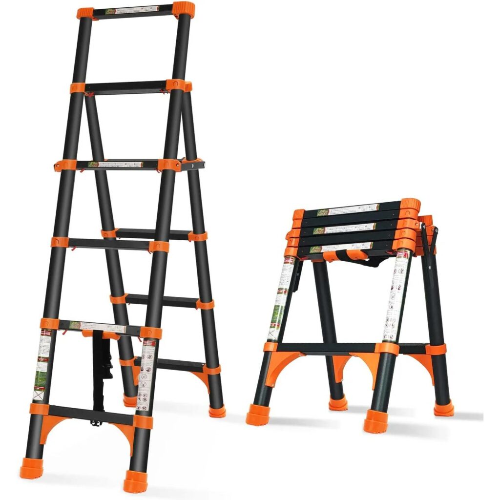 RIKADE Telescopic Ladder, A-Frame Aluminum Extension Ladder with One-Button Retraction