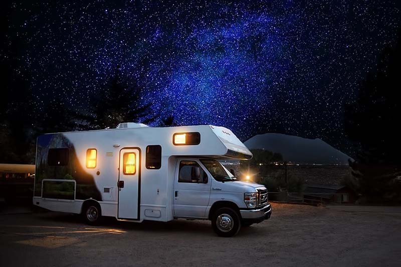 RV motorhome camping at night