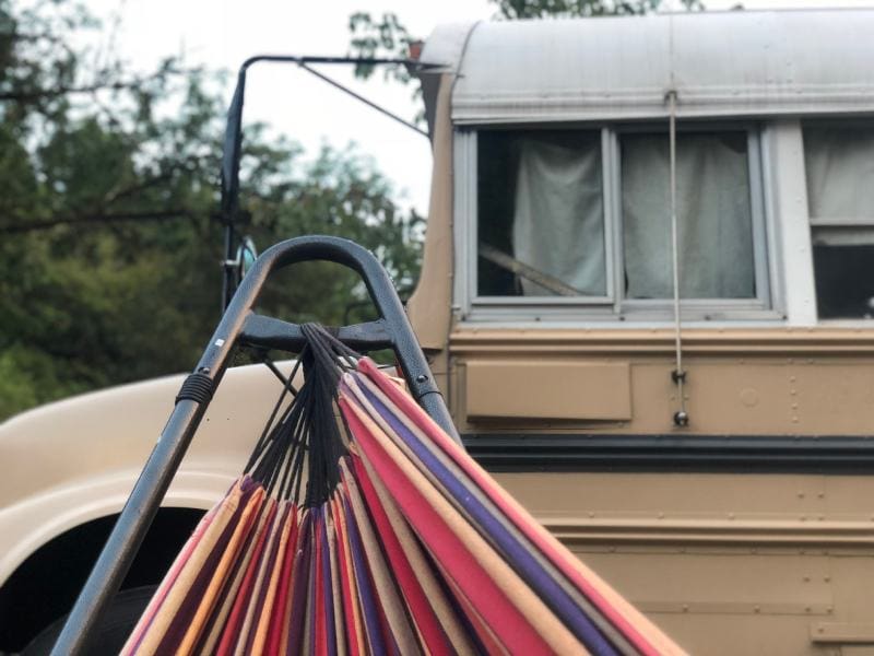 School bus RV with hammock