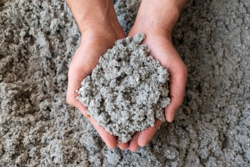 blown cellulose insulation filling in hand