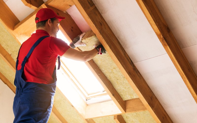 man installing insulation on attic wood framing
