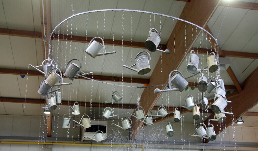 metal decor hanging on the ceiling