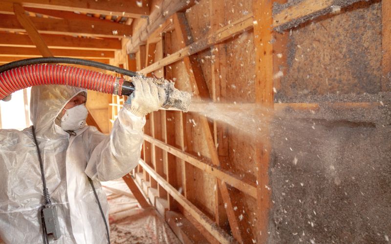 personnel spraying loose fill cellulose insulation