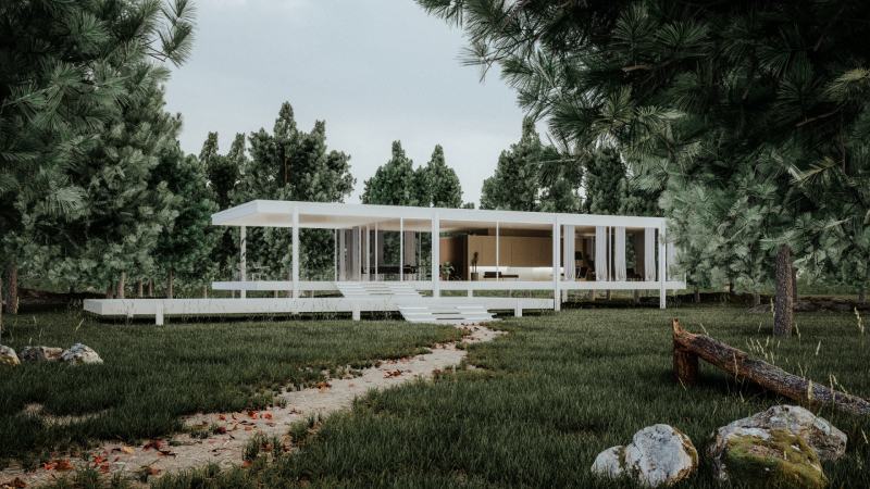 3D Illustration of Mies van der Rohe - Farnsworth House