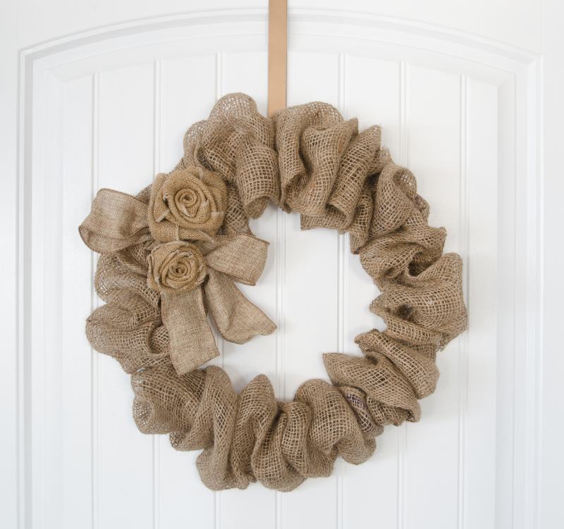 Burlap wreath hanger with bow and roses
