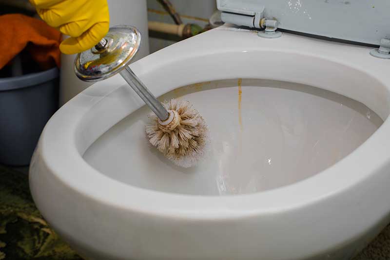 cleaning dirty toilet bowl with rust