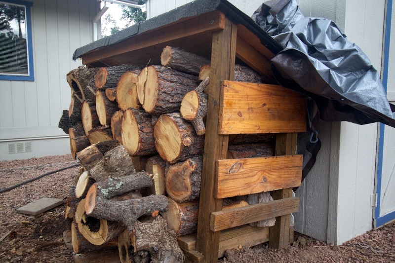 Firewood in a shed with tarp covering on top