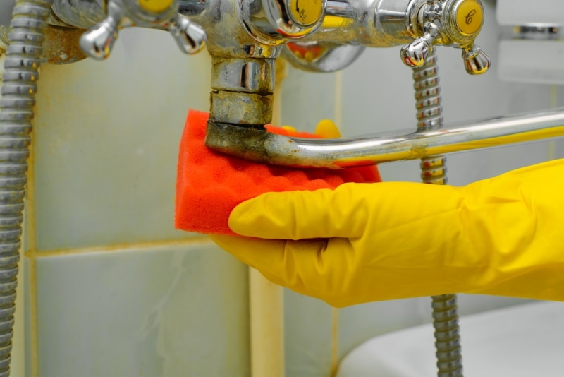Gloved hands cleaning rusty bathroom fixtures