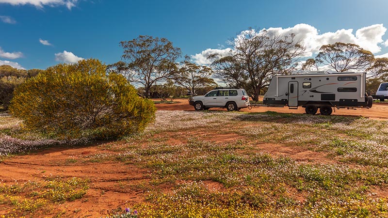 Landscape view of 4WD and modern caravan in the outback of Australia