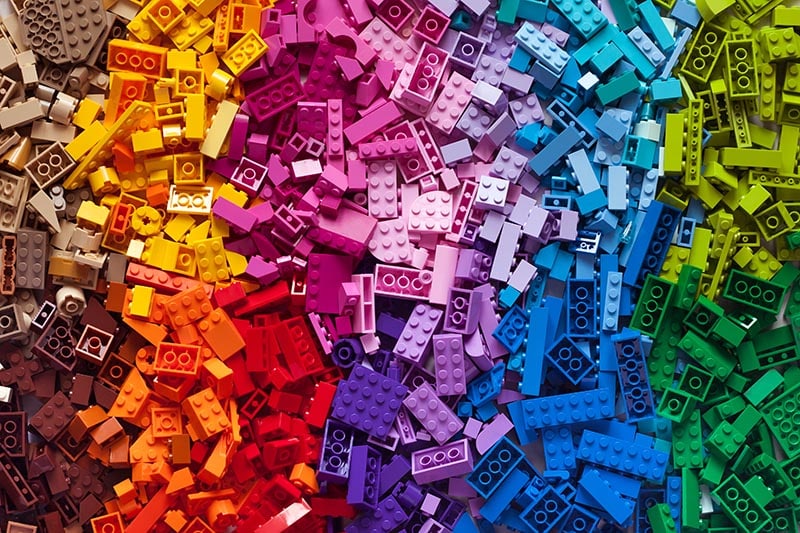 Pile of child's building blocks in multiple colours