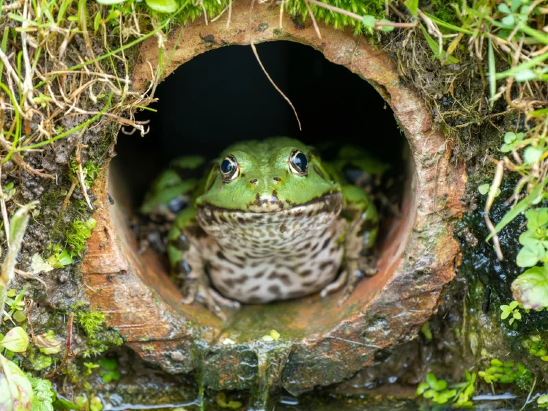 male marsh frog sitting inside a drainpipe