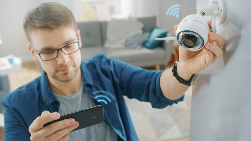 man setting up indoor cctv home security camera on his phone