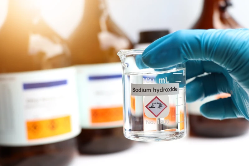 sodium hydroxide in a glass beaker in a laboratory