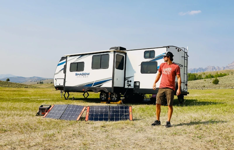 solar panels in front of an rv