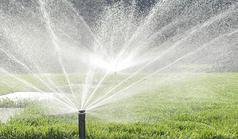 Automatic lawn sprinkler watering green grass