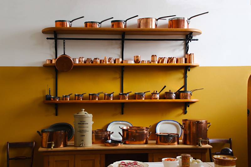 cooking pots and utensils stored in the kitchen